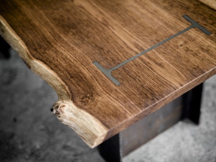Solid English Oak coffee table with two structural steel beams providing the support