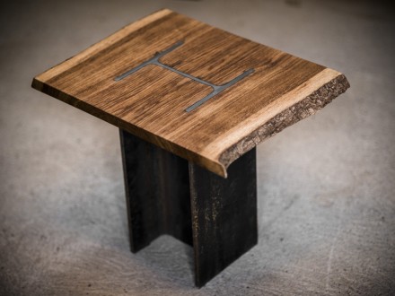 H-column coffee table made from solid English Oak with a steel I-beam